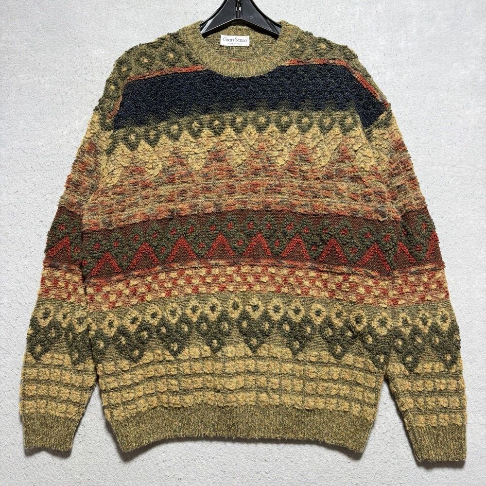 Gran Sasso Sweater Italy Geometric Waves Multicolor Wool Mohair Knit Men’s Large